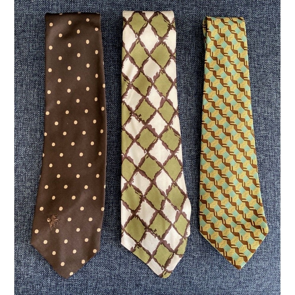 Vintage mens wide neckties 1970s poly silk green brown cream Bronzini Filenes